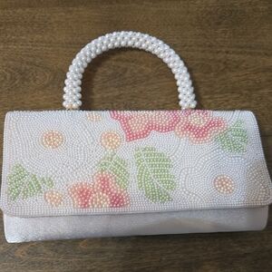 Sincerely Jules Pearl Floral Clutch - White, Pink, Green